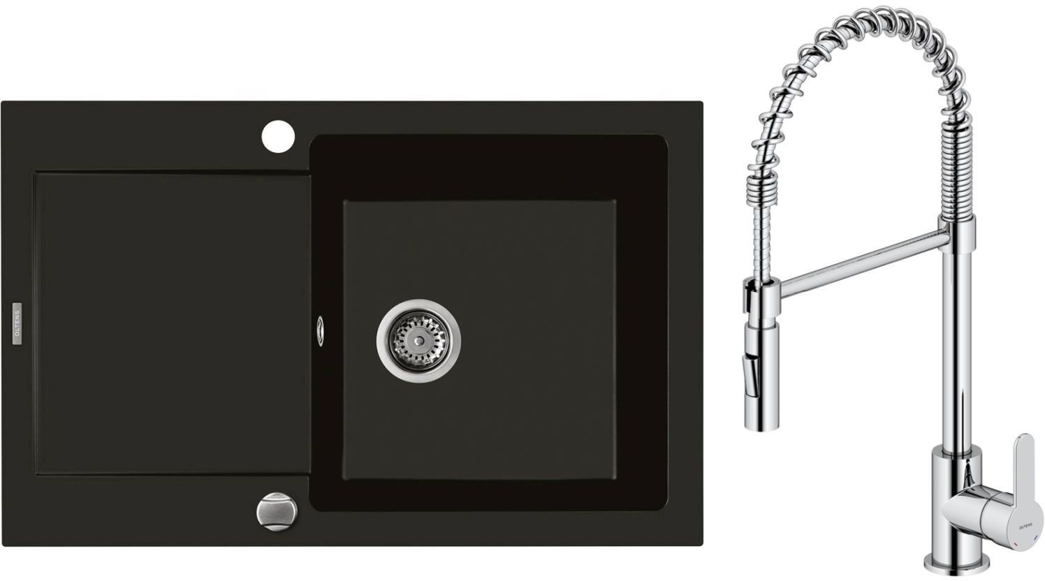 Zestaw Oltens Gravan zlewozmywak granitowy 1-komorowy 79x50 cm z baterią kuchenną Duf czarny mat/chrom (72100300, 35203100) - Wysyłka w 24h