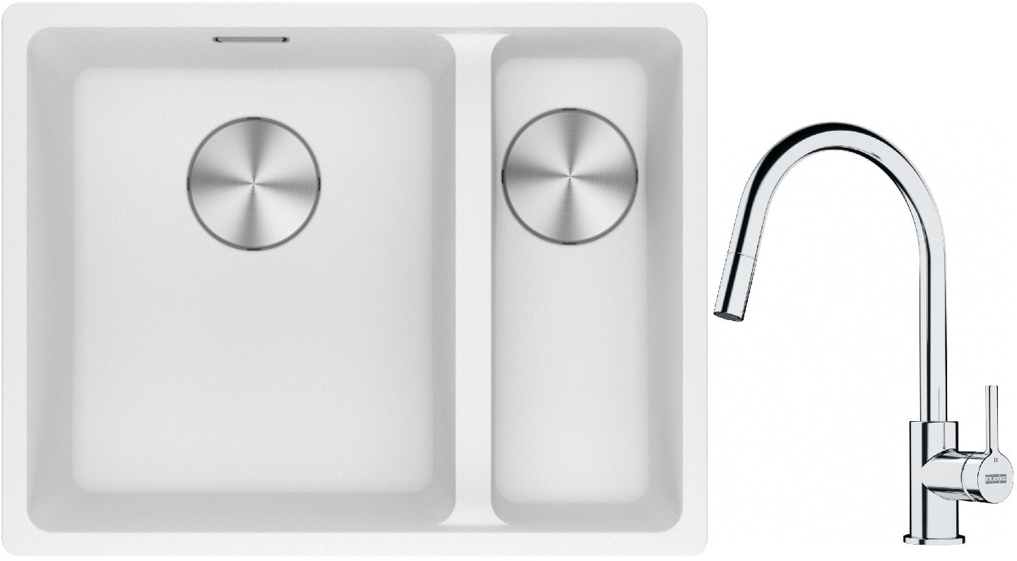 Franke Maris MRG 160-34-15SBR zlewozmywak 52x40 cm Fragranite biały polarny z baterią kuchenną Lina chrom (1250687267, 1150693229)