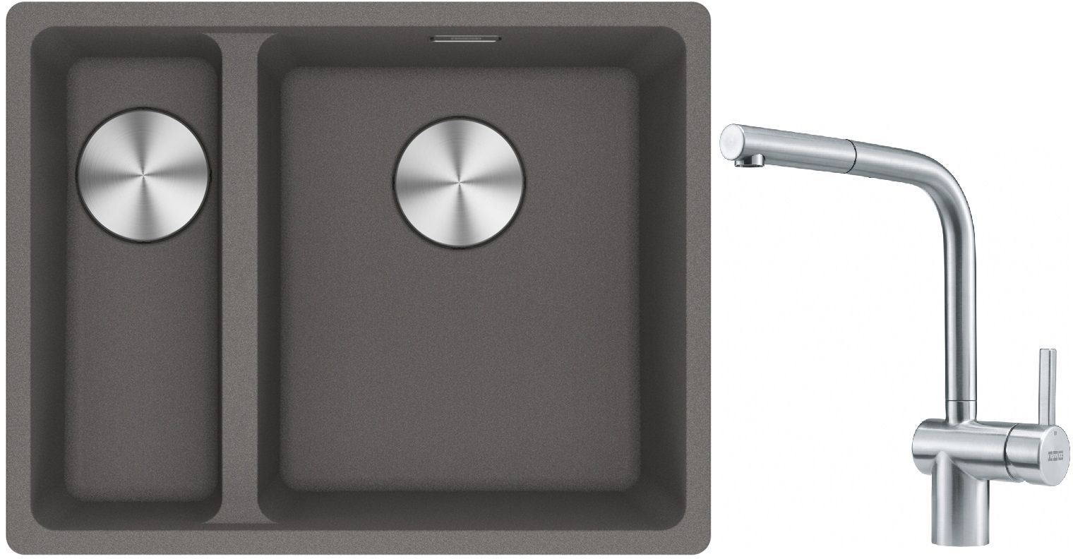 Franke Maris MRG 160-34-15SBL zlewozmywak 52x40 cm Fragranite kamienny szary z baterią kuchenną Atlas stal szlachetna (1250687270, ...