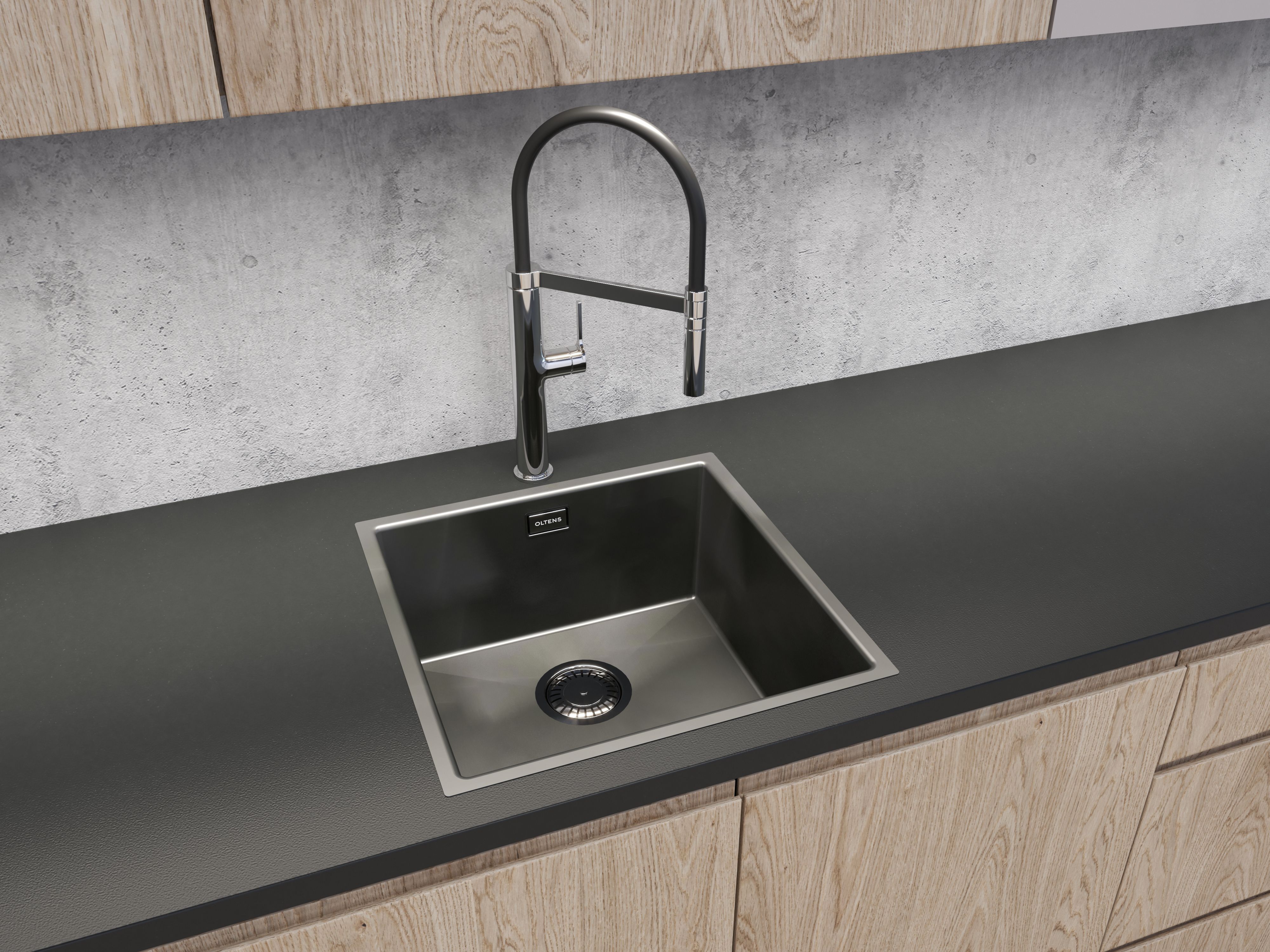 Zestaw Oltens Stalvask zlewozmywak stalowy 44x44 cm z baterią kuchenną Borga czarny/chrom (71100300, 35207100) - Wysyłka w 24h