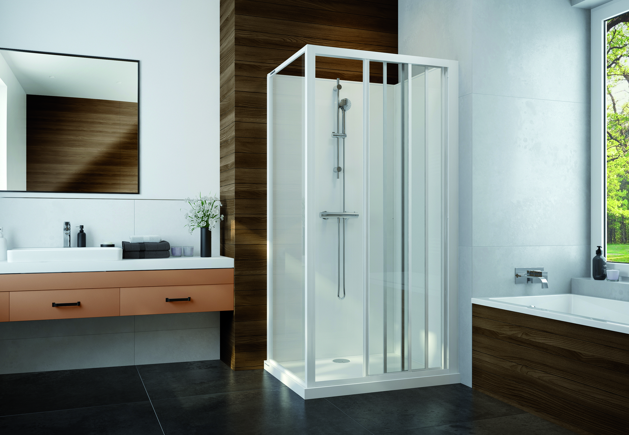 Sanplast Basic Complete Mineral kabina z brodzikiem i zestawem prysznicowym 100x80 cm prostokątna biały połysk/szkło przezroczyste ...