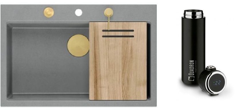 Zestaw Quadron Marc 110 zlewozmywak silver stone/elementy złote z kubkiem termicznym 420 ml (HQM7650U5PVDG1, M0051)