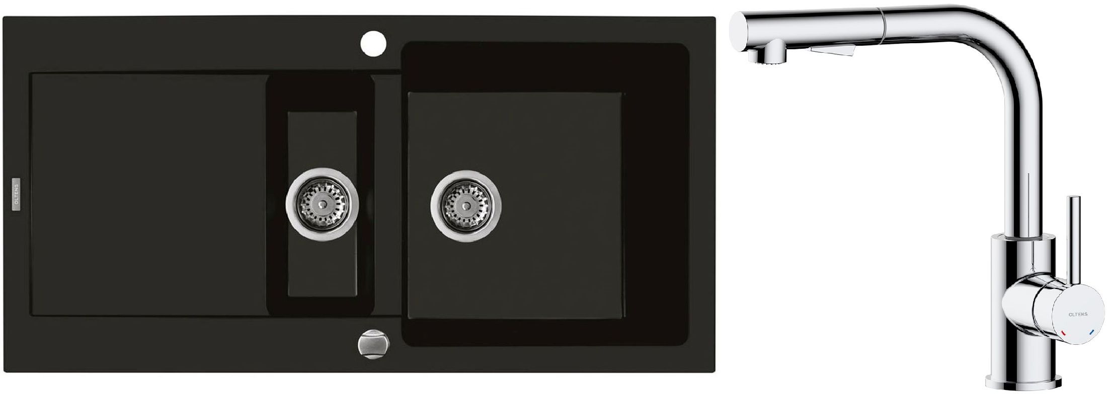 Zestaw Oltens Gravan zlewozmywak granitowy 1,5-komorowy 100x50 cm z baterią kuchenną Myvat czarny mat/chrom (72300300, 35205100) - Wysyłka w 24h