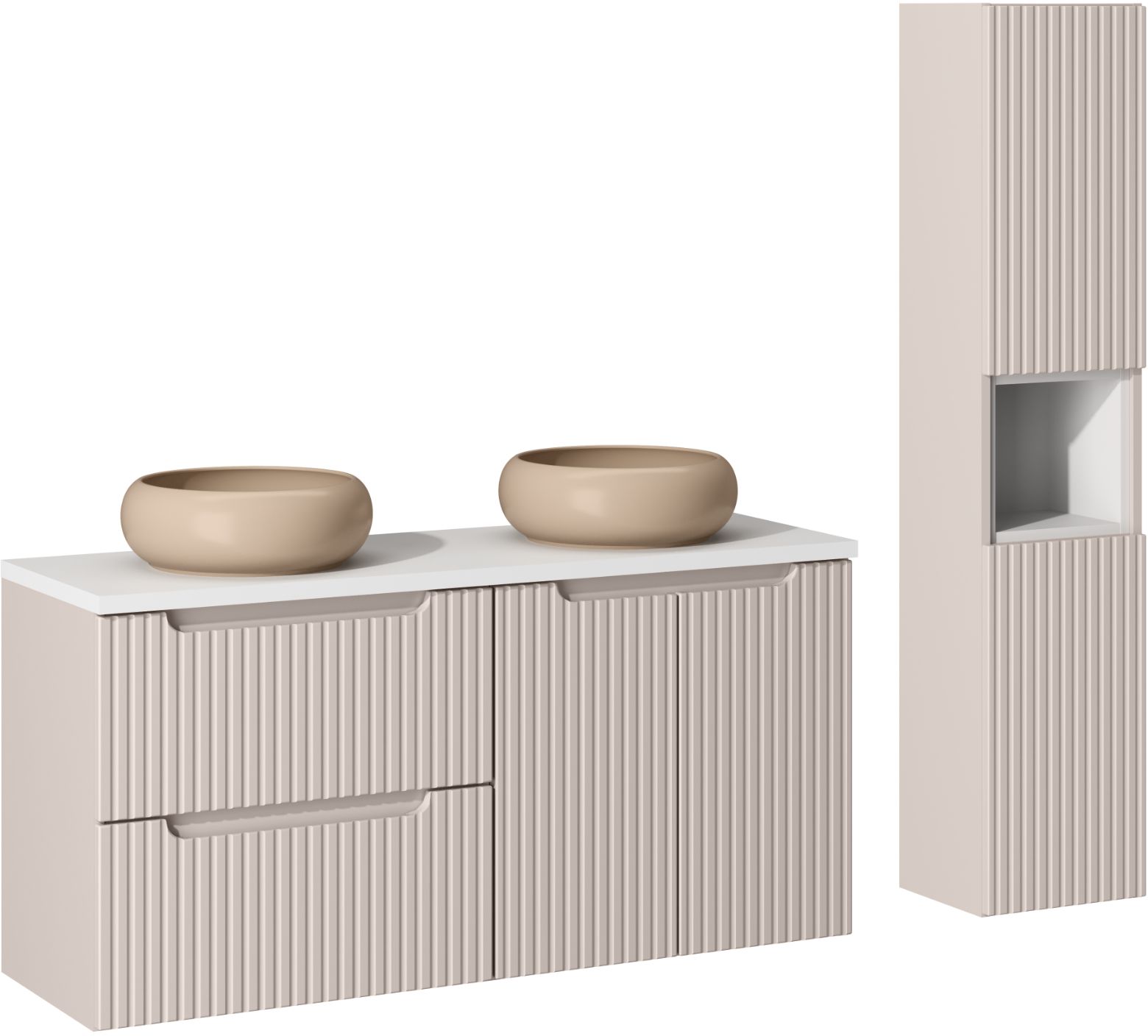 Comad Nova Cashmere zestaw mebli łazienkowych szafka 120 cm podumywalkowa wisząca z umywalkami i szafka wysoka 140 cm boczna kaszmir ...