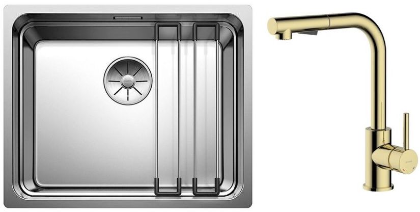 Zestaw Blanco Etagon 500-U zlewozmywak stalowy 54x44 cm z baterią kuchenną Oltens Myvat stojąca z wyciąganą wylewką złoty połysk ... - Wysyłka w 24h