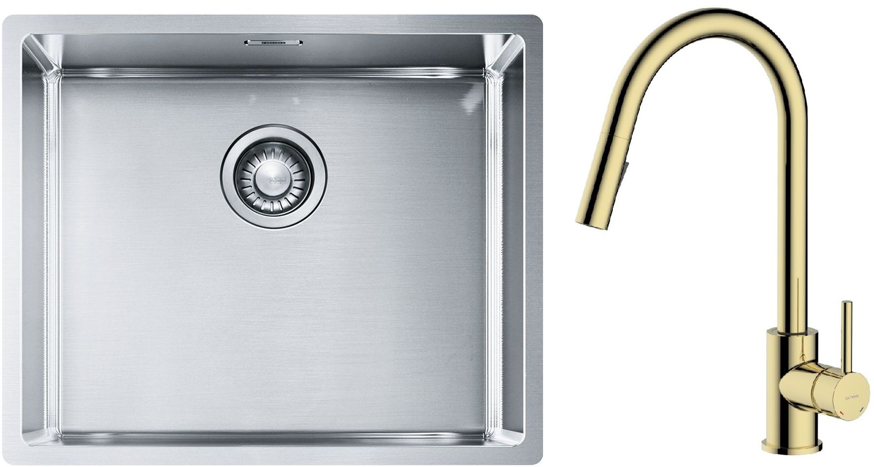 Zestaw Franke Box BXX 210/110-50 zlewozmywak stalowy 54x45 cm z baterią kuchenną Oltens Litla stal/złoty połysk (1270453656, 35204800) - Wysyłka w 24h