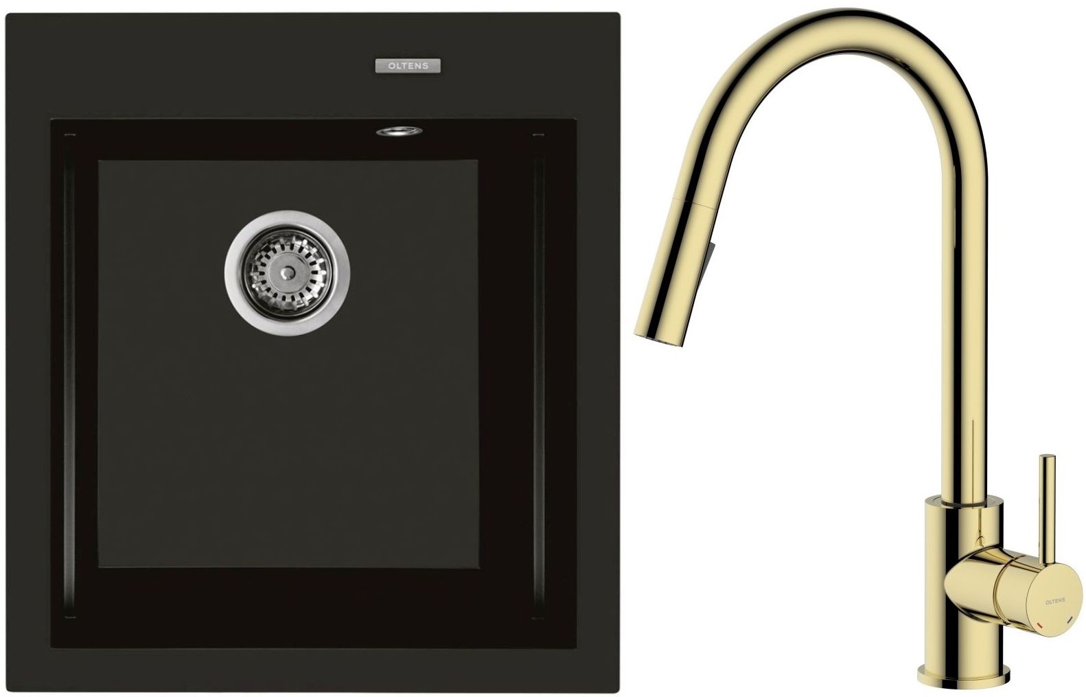 Zestaw Oltens Gravan zlewozmywak granitowy 1-komorowy 47x51,5 cm z baterią kuchenną Litla czarny mat/złoty połysk (72001300, 35204800) - Wysyłka w 24h