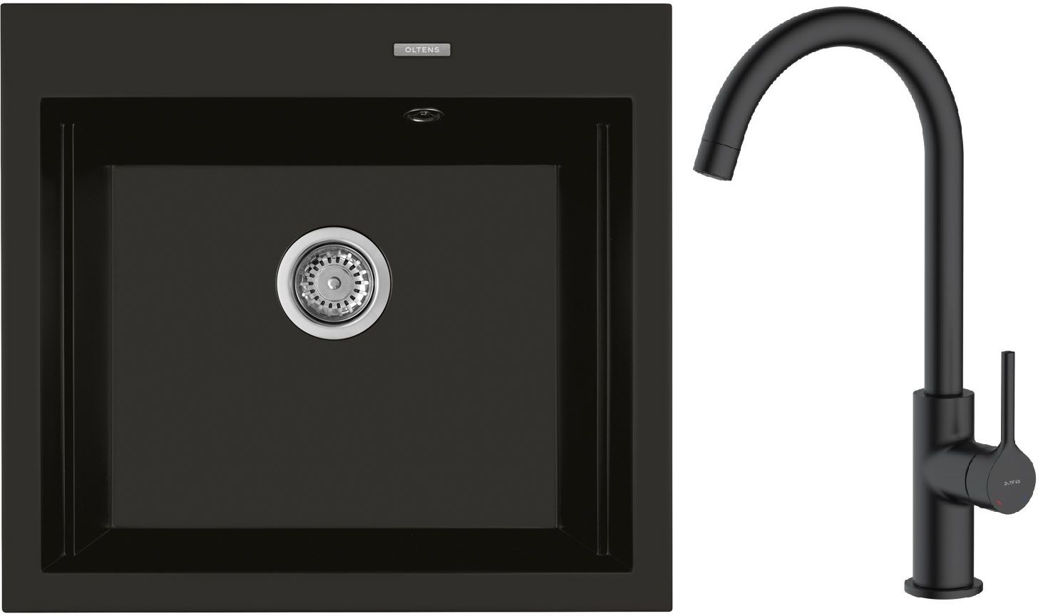 Zestaw Oltens Gravan zlewozmywak granitowy 1-komorowy 57x51,5 cm z baterią kuchenną Skafta czarny mat (72000300, 35206300) - Wysyłka w 24h