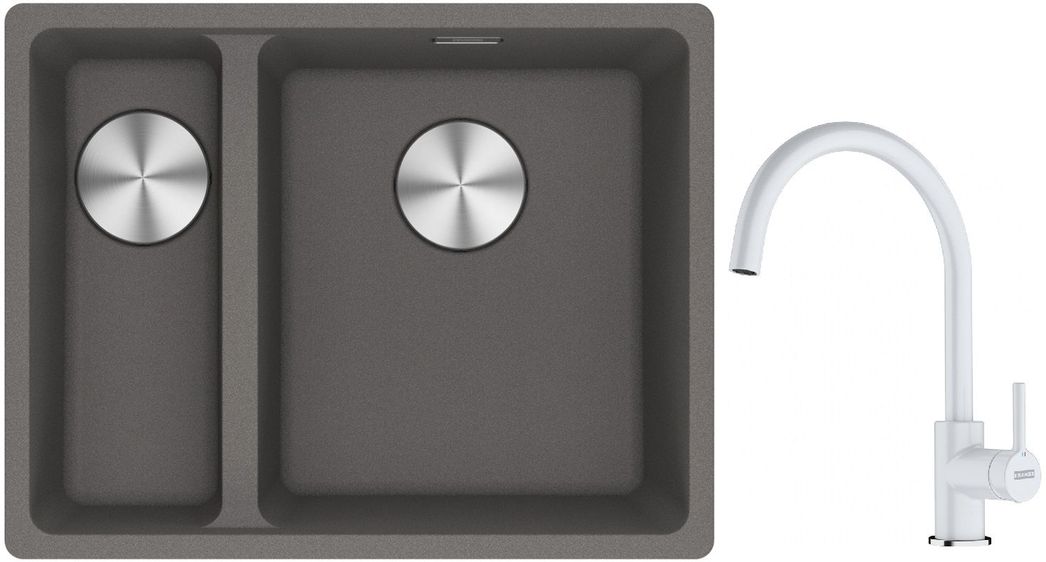Franke Maris MRG 160-34-15SBL zlewozmywak 52x40 cm Fragranite kamienny szary z baterią kuchenną Lina biały polarny (1250687270, ...