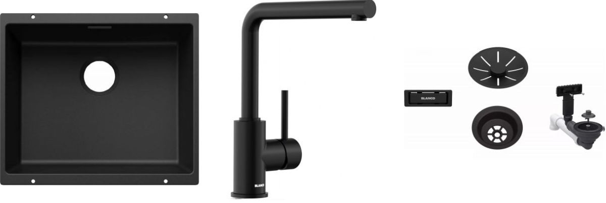 Zestaw Blanco Subline 500-U zlewozmywak granitowy czarny z baterią kuchenną Mila i armaturą odpływowo-przelewową czarną (527794, ... - Wysyłka w 24h