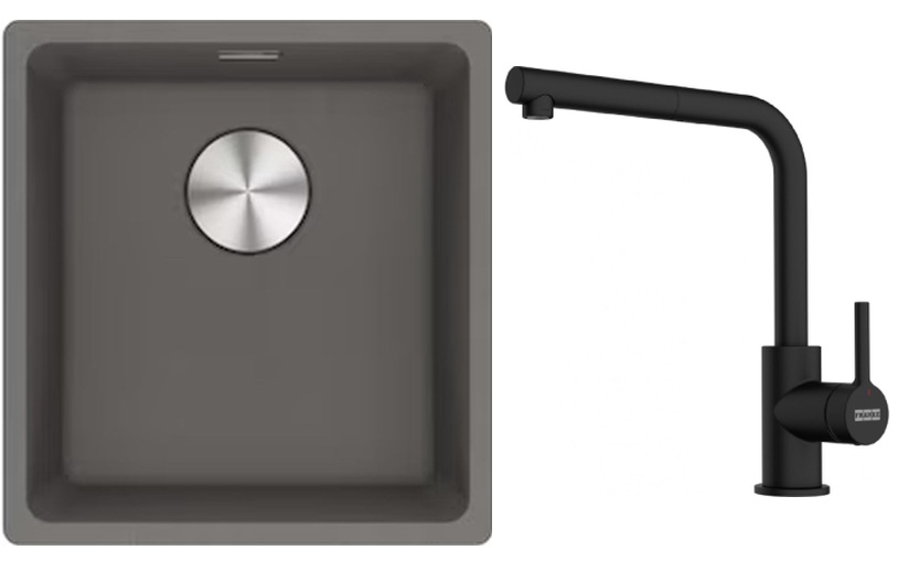 Franke Maris MRG 110-37 zlewozmywak 40x37 cm Fragranite kamienny szary z baterią kuchenną Lina czarny mat (1250687250, 1150712435)
