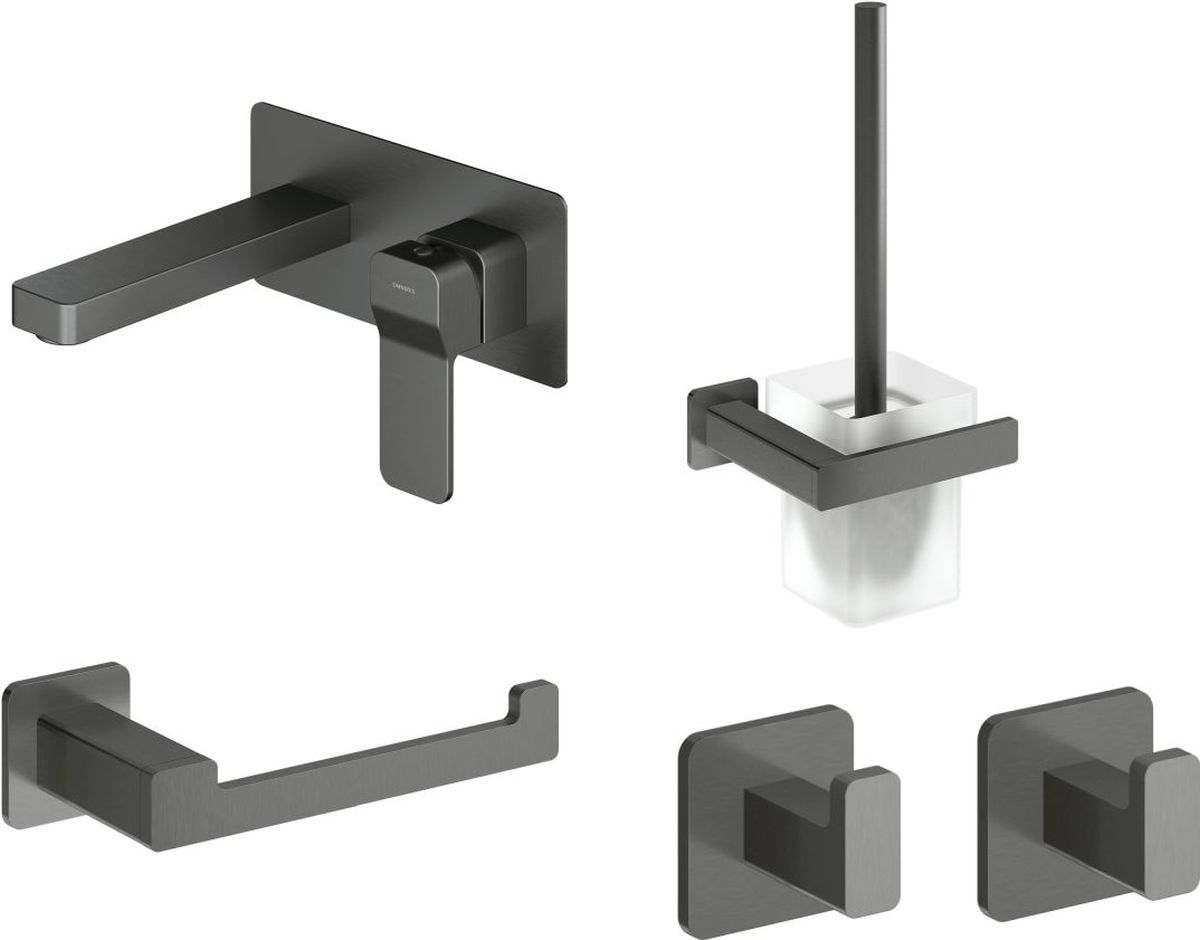 Zestaw Omnires Slide bateria umywalkowa podtynkowa ze szczotką toaletową, uchwytem na papier toaletowy i dwoma haczykami Nelson grafit ... - Wysyłka w