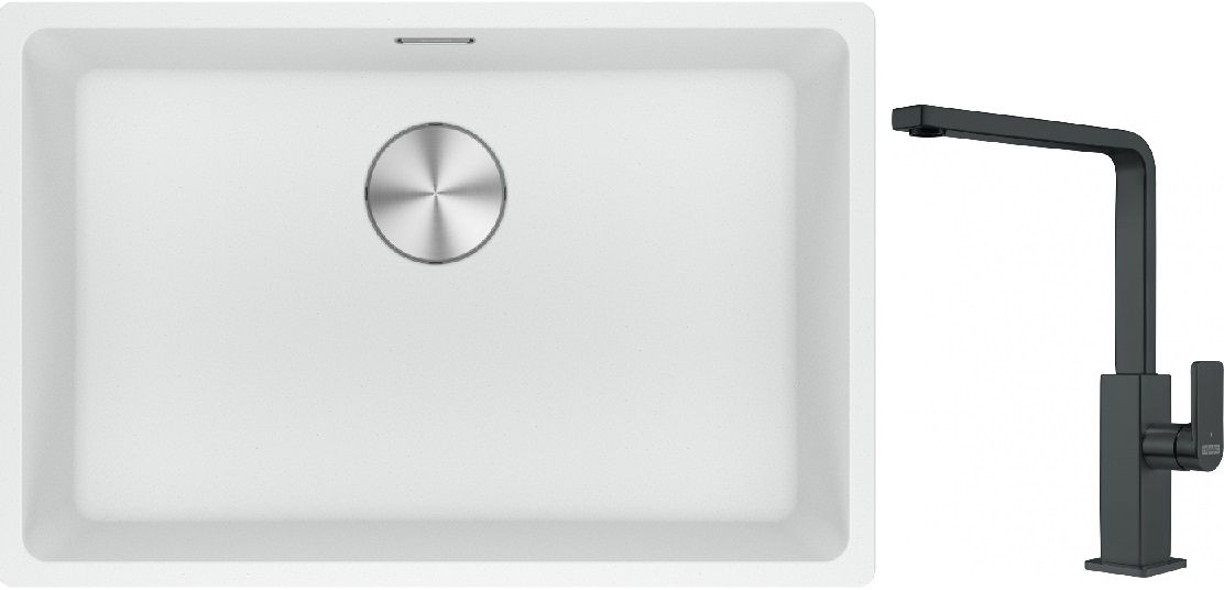 Franke Maris MRG 110-62 zlewozmywak 62x40 cm Fragranite biały polarny z baterią kuchenną Mythos czarna stal szlachetna (1250687259, ...
