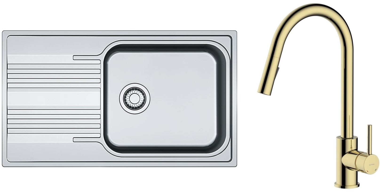 Zestaw Franke Smart SRL 611-86 XL zlewozmywak stalowy 86x50 cm z baterią kuchenną Oltens Litla len/złoty połysk (1010368324, 35204800) - Wysyłka w 24h