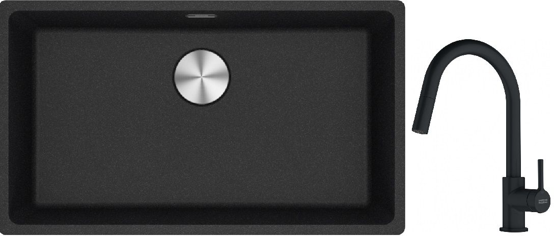 Franke Maris MRG 110-72 zlewozmywak 72x40 cm Fragranite onyx z baterią kuchenną Lina czarny mat (1250687261, 1150626053)