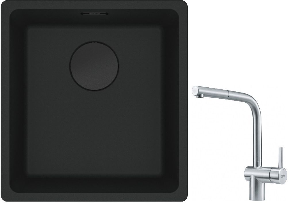 Franke Maris MRG 110-37 zlewozmywak 40x37 cm Fragranit + czarny mat z baterią kuchenną Atlas stal szlachetna (1250697760, 1150521439)