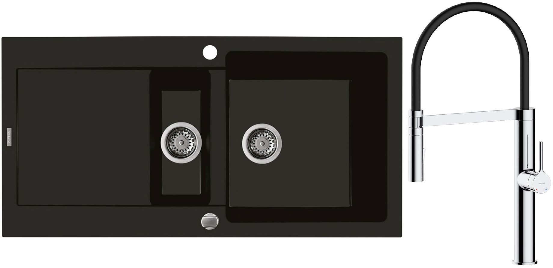 Zestaw Oltens Gravan zlewozmywak granitowy 1,5-komorowy 100x50 cm z baterią kuchenną Broga czarny mat/chrom (72300300, 35207100) - Wysyłka w 24h