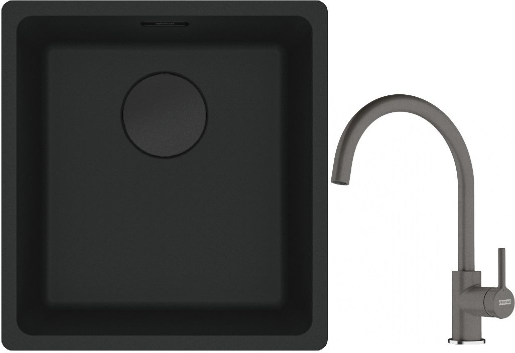 Franke Maris MRG 110-37 zlewozmywak 40x37 cm Fragranit + czarny mat z baterią kuchenną Lina kamienny szary (1250697760, 1150626022)