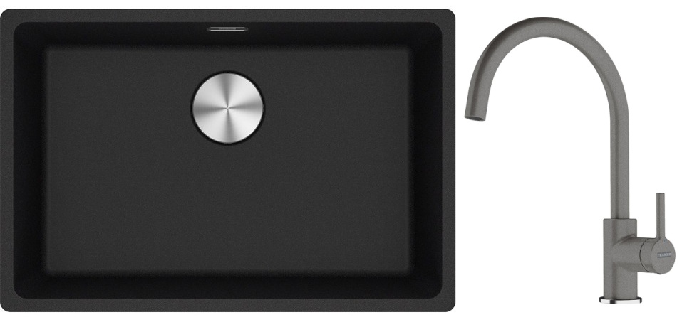 Franke Maris MRG 110-62 zlewozmywak 62x40 cm Fragranite onyx z baterią kuchenną Lina kamienny szary (1250687257, 1150626022)