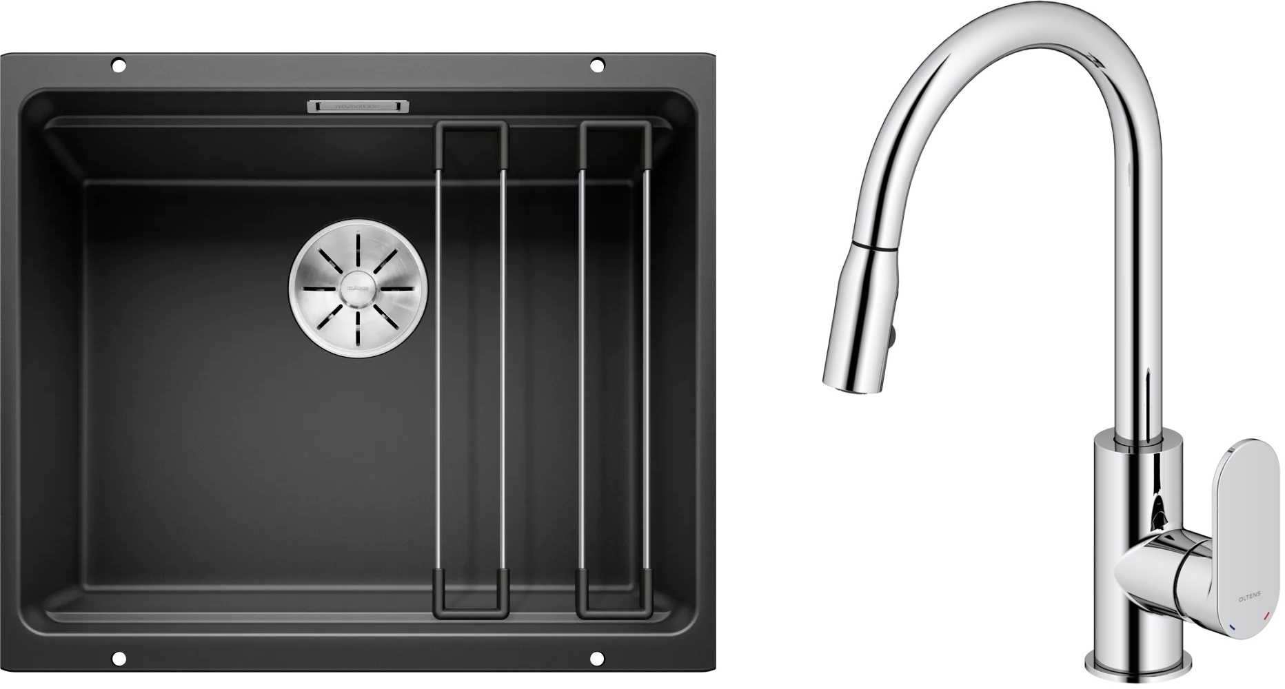 Zestaw Blanco Etagon 500-U zlewozmywak granitowy 53x46 cm z baterią kuchenną Oltens Lista czarny mat/chrom (35202100, 525887) - Wysyłka w 24h