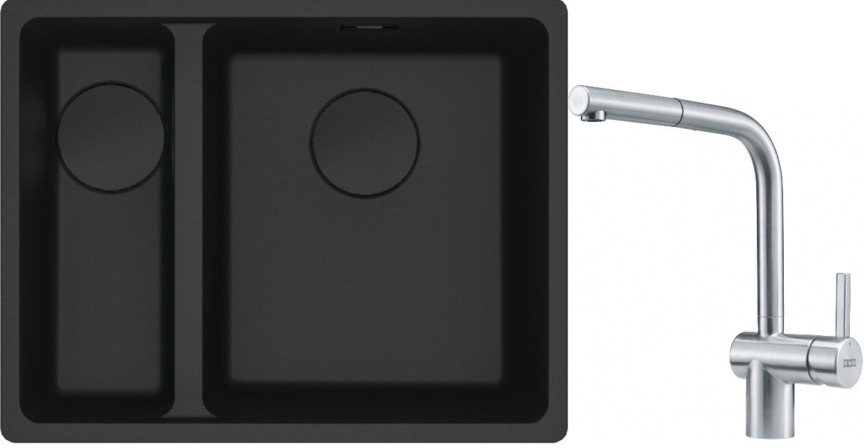Franke Maris MRG 160-34-15SBL zlewozmywak 52x40 cm Fragranite czarny mat z baterią kuchenną Atlas stal szlachetna (1250697756, ...