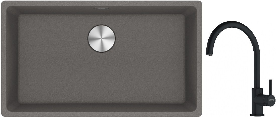 Franke Maris MRG 110-72 zlewozmywak 72x40 cm Fragranite kamienny szary z baterią kuchenną Lina czarny mat (1250687262, 1150626019)