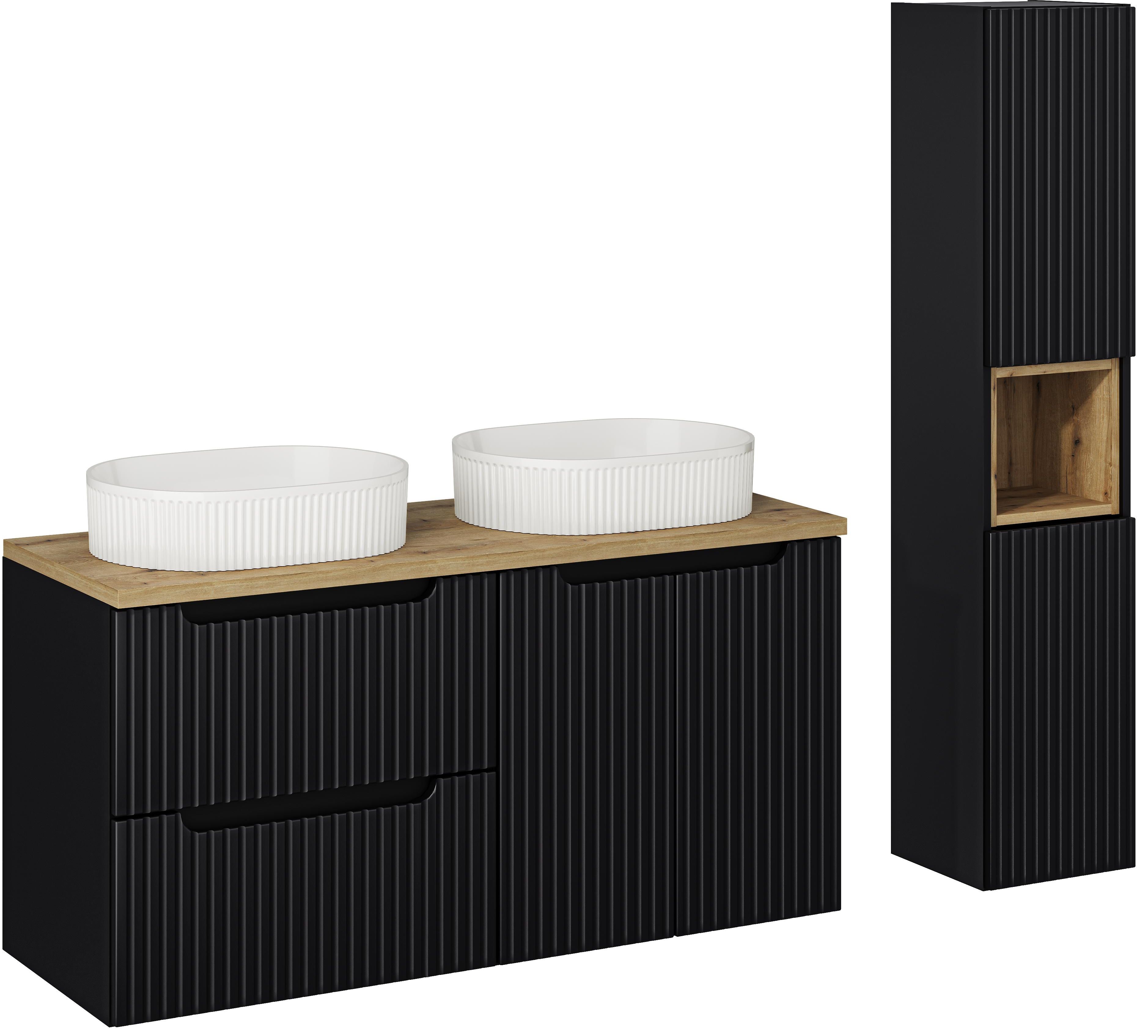 Zestaw 2 x Comad Nova Black szafka 60x39x57 cm podumywalkowa wisząca czarna z blatem, umywalką, szafką boczną i regałem SET-NOB B OAK ...