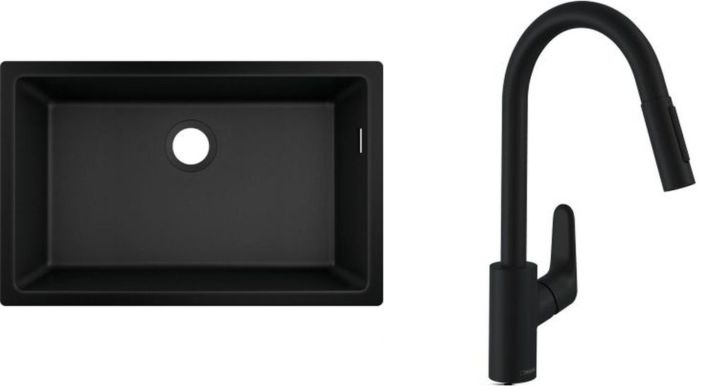 Zestaw Hansgrohe S510-U660 zlewozmywak granitowy czarny z baterią kuchenną Focus czarny mat (43432170, 31815670)