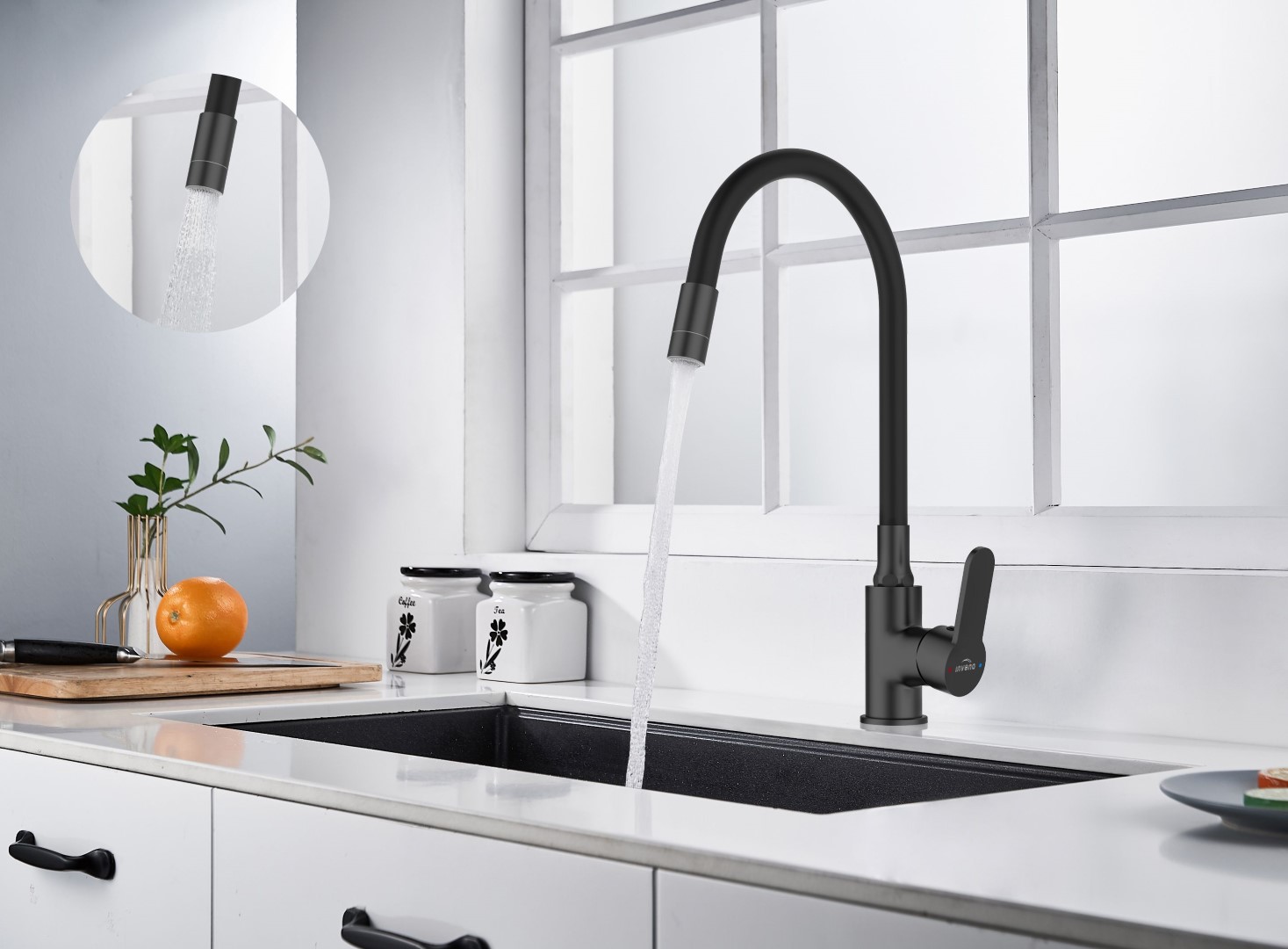 Invena Ksanti bateria kuchenna stojąca z elastyczną wylewką czarny BZ-37-004