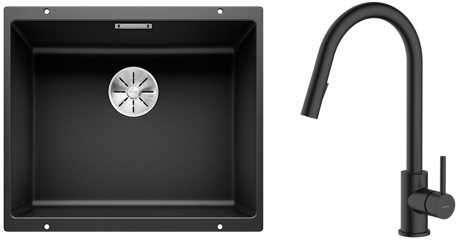 Zestaw Blanco Subline 500-U zlewozmywak granitowy 50x40 cm z baterią kuchenną Oltens Litla czarny mat (35204300, 525995) - Wysyłka w 24h