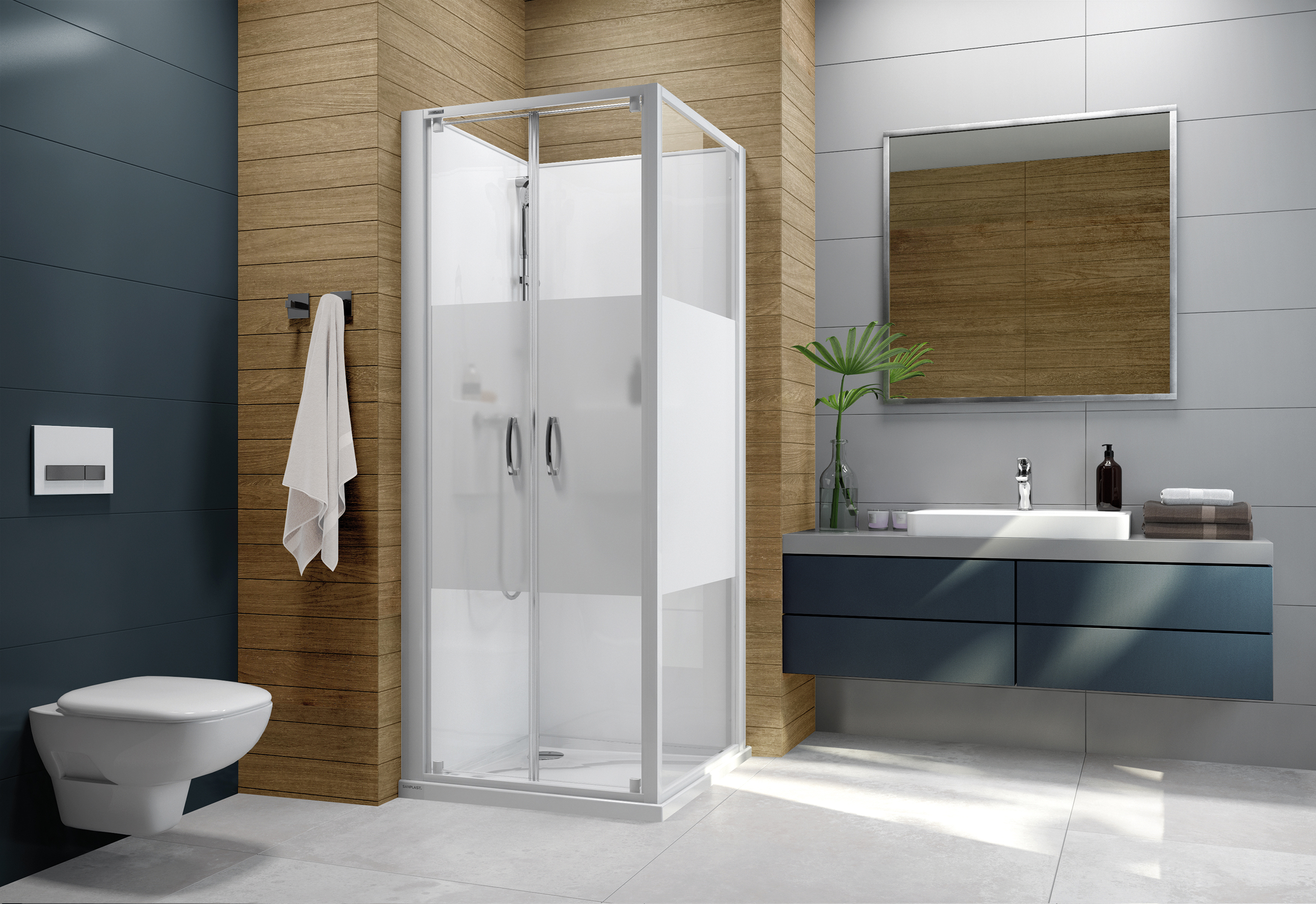Sanplast Basic Complete Mineral kabina z brodzikiem i zestawem prysznicowym 80x80 cm kwadratowa biały połysk/szkło ze wzorem ...