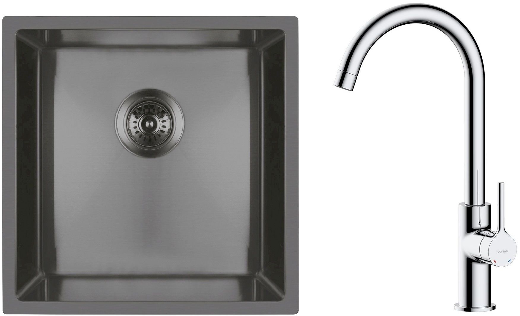 Zestaw Oltens Stalvask zlewozmywak stalowy 44x44 cm z baterią kuchenną Skafta czarny/chrom (71100300, 35206100) - Wysyłka w 24h
