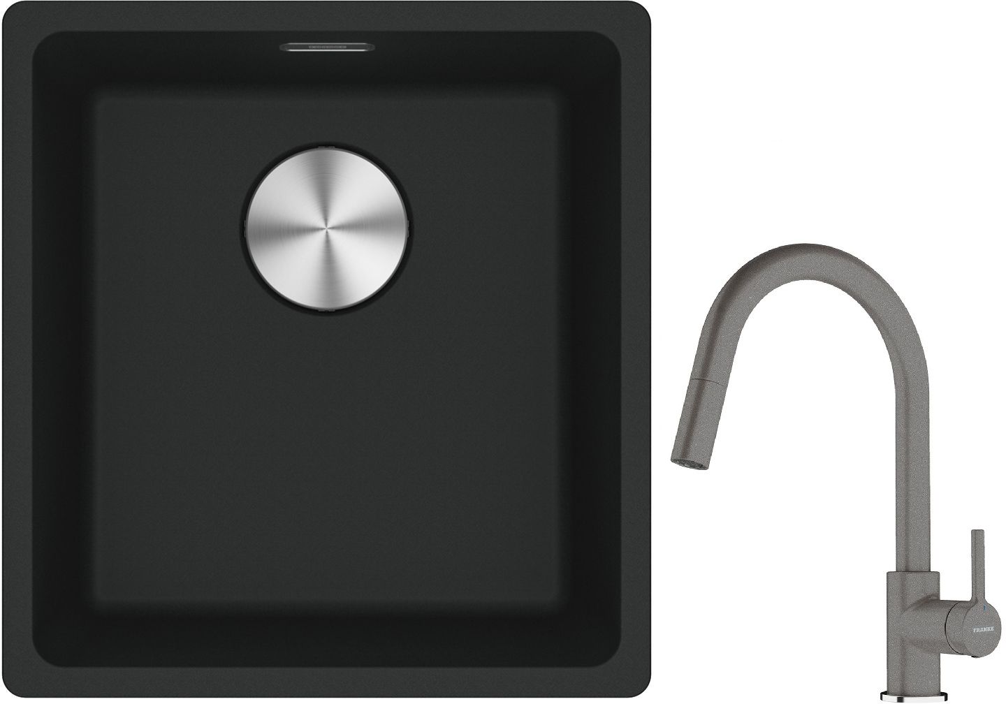 Franke Maris MRG 110-37 zlewozmywak 40x37 cm Fragranite czarny mat z baterią kuchenną Lina kamienny szary (1250687248, 1150626057)