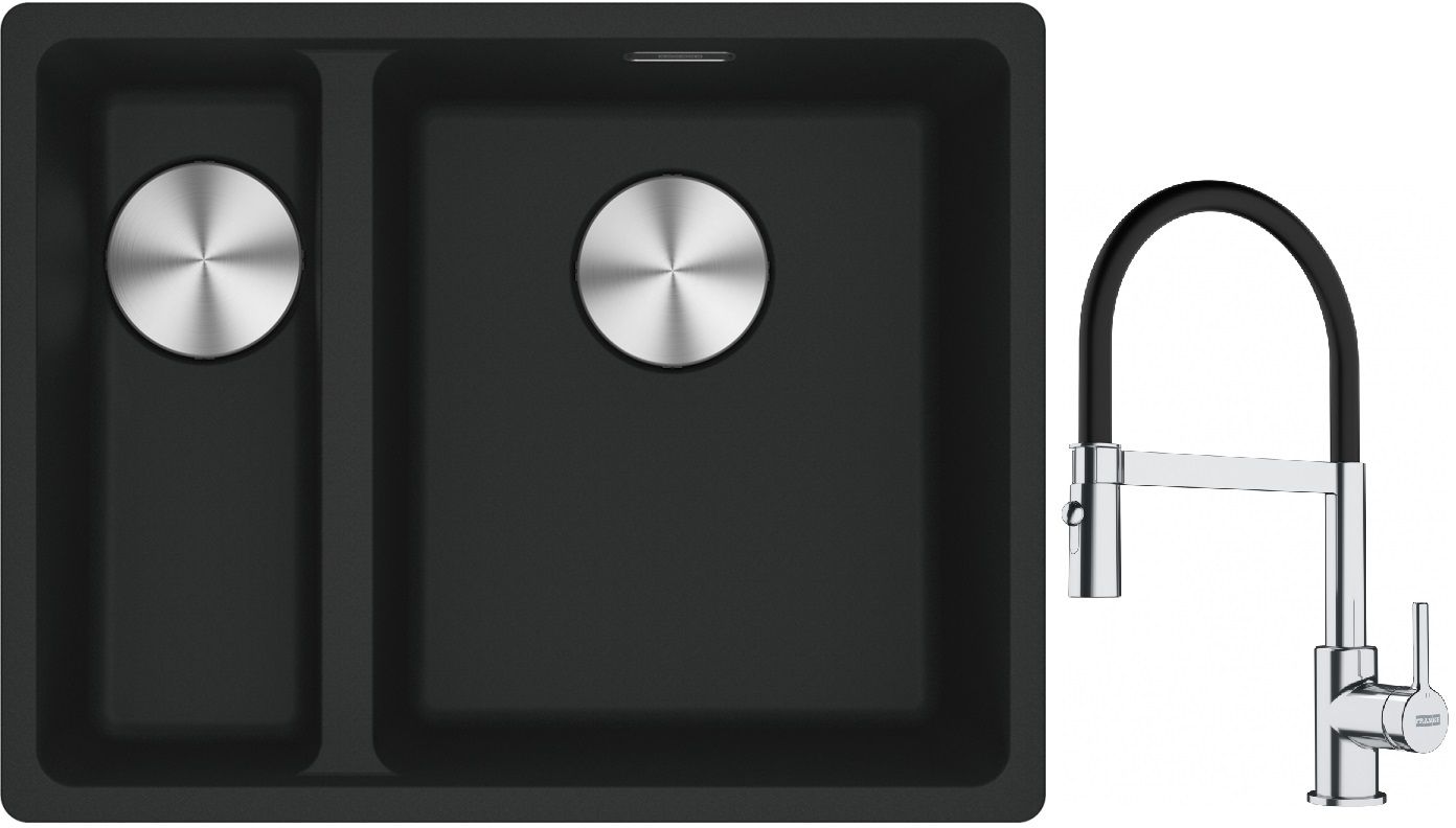 Franke Maris MRG 160-34-15SBL zlewozmywak 52x40 cm Fragranite czarny mat z baterią kuchenną Lina chrom/czarny (1250687268, 1150626085)