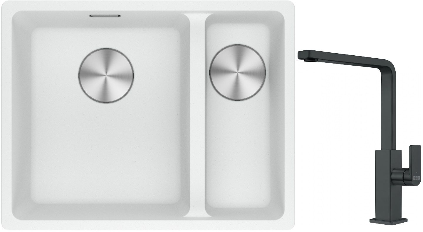 Franke Maris MRG 160-34-15SBR zlewozmywak 52x40 cm Fragranite biały polarny z baterią kuchenną Mythos czarna stal szlachetna ...