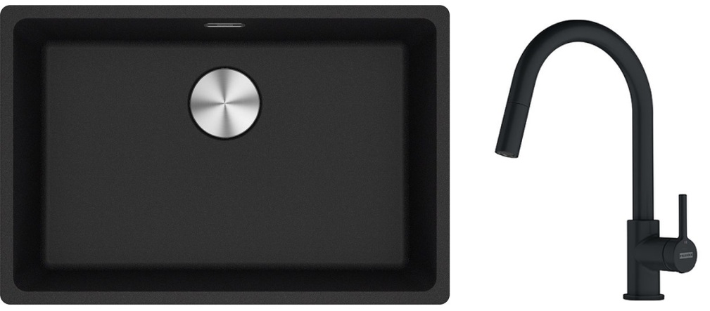 Franke Maris MRG 110-62 zlewozmywak 62x40 cm Fragranite onyx z baterią kuchenną Lina czarny mat (1250687257, 1150626053)