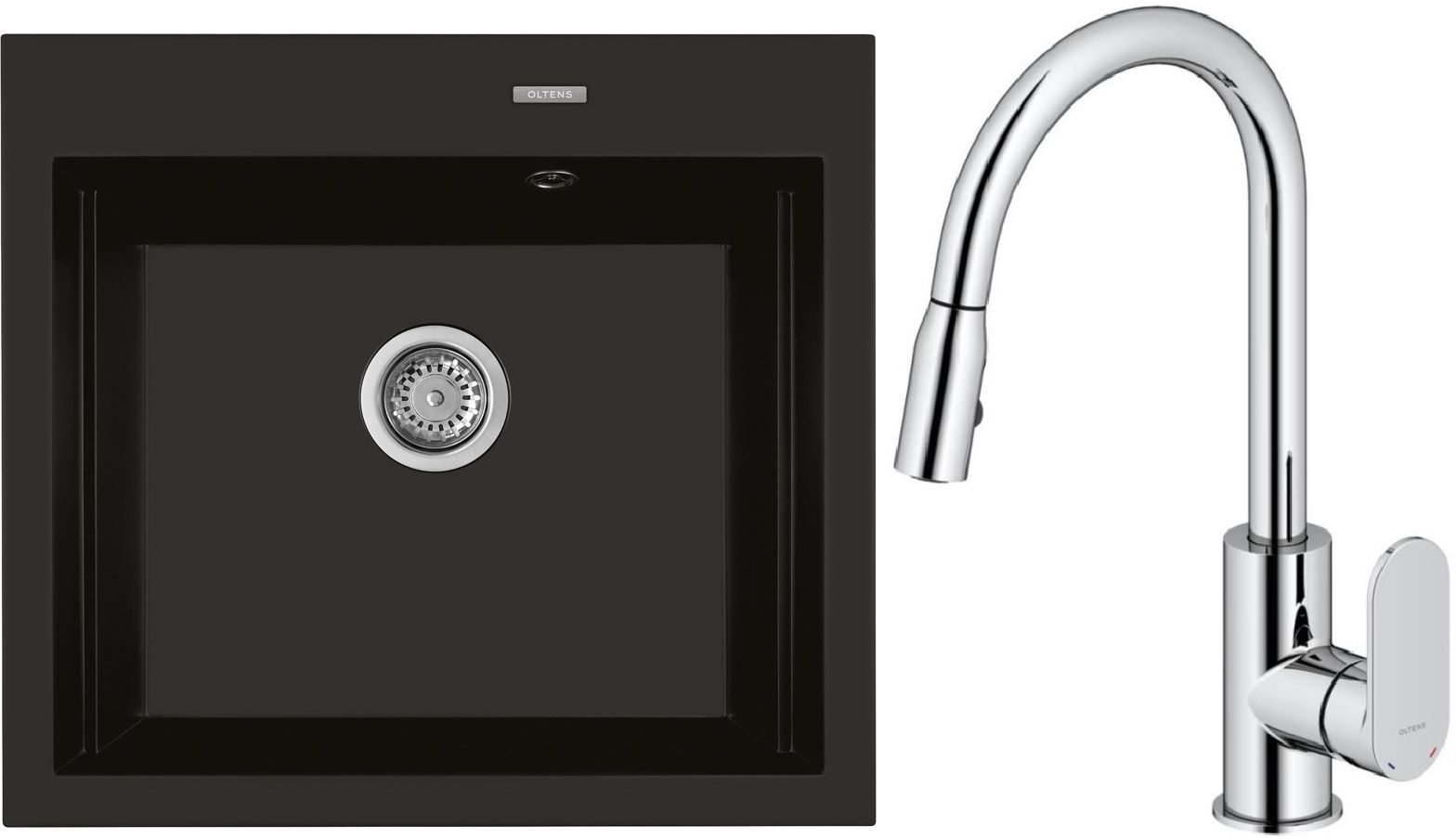 Zestaw Oltens Gravan zlewozmywak granitowy 1-komorowy 57x51,5 cm z baterią kuchenną Lista czarny mat/chrom (72000300, 35202100) - Wysyłka w 24h