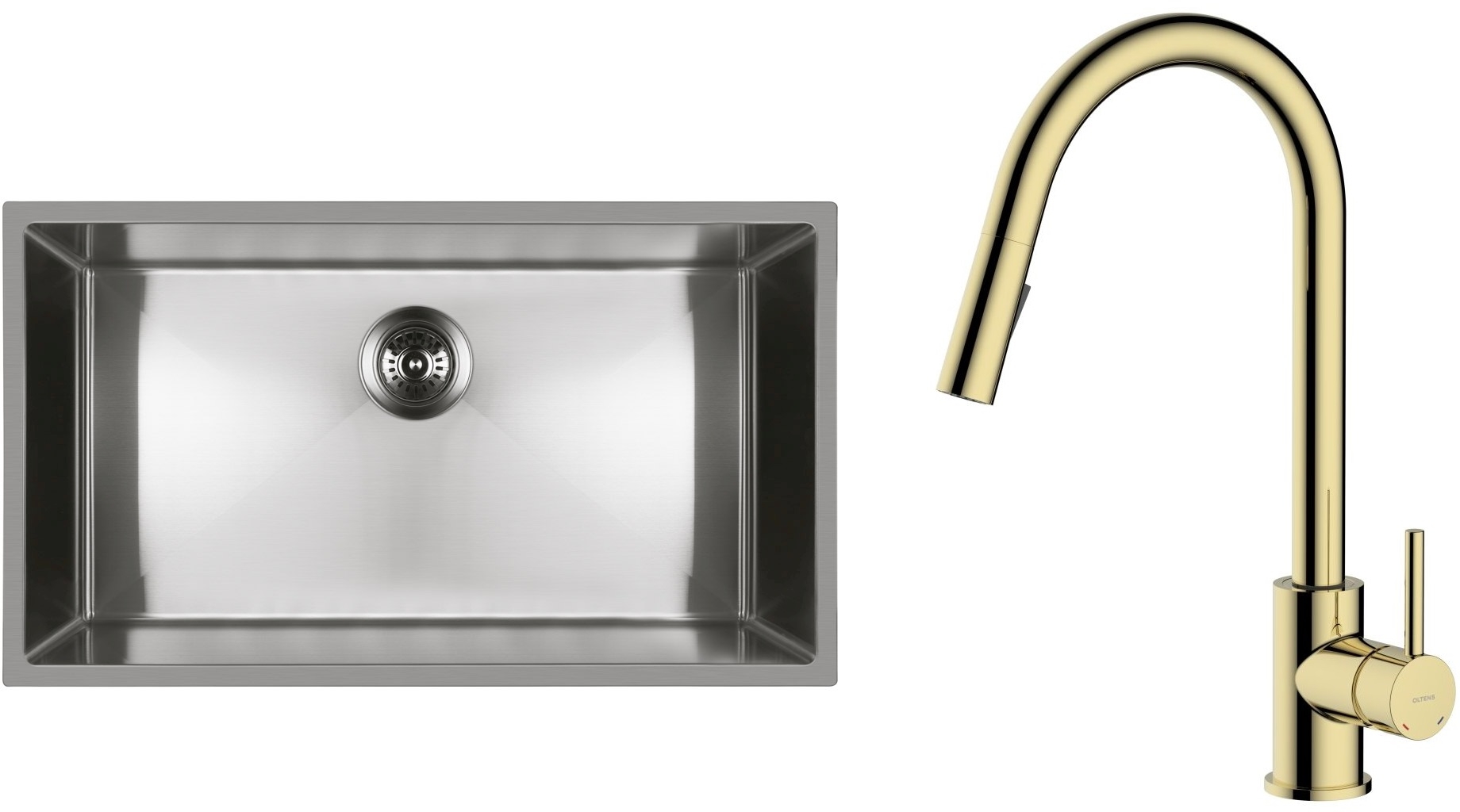 Zestaw Oltens Stalvask zlewozmywak stalowy 76x44 cm z baterią kuchenną Litla stal polerowana/złoty połysk (71102100, 35204800) - Wysyłka w 24h