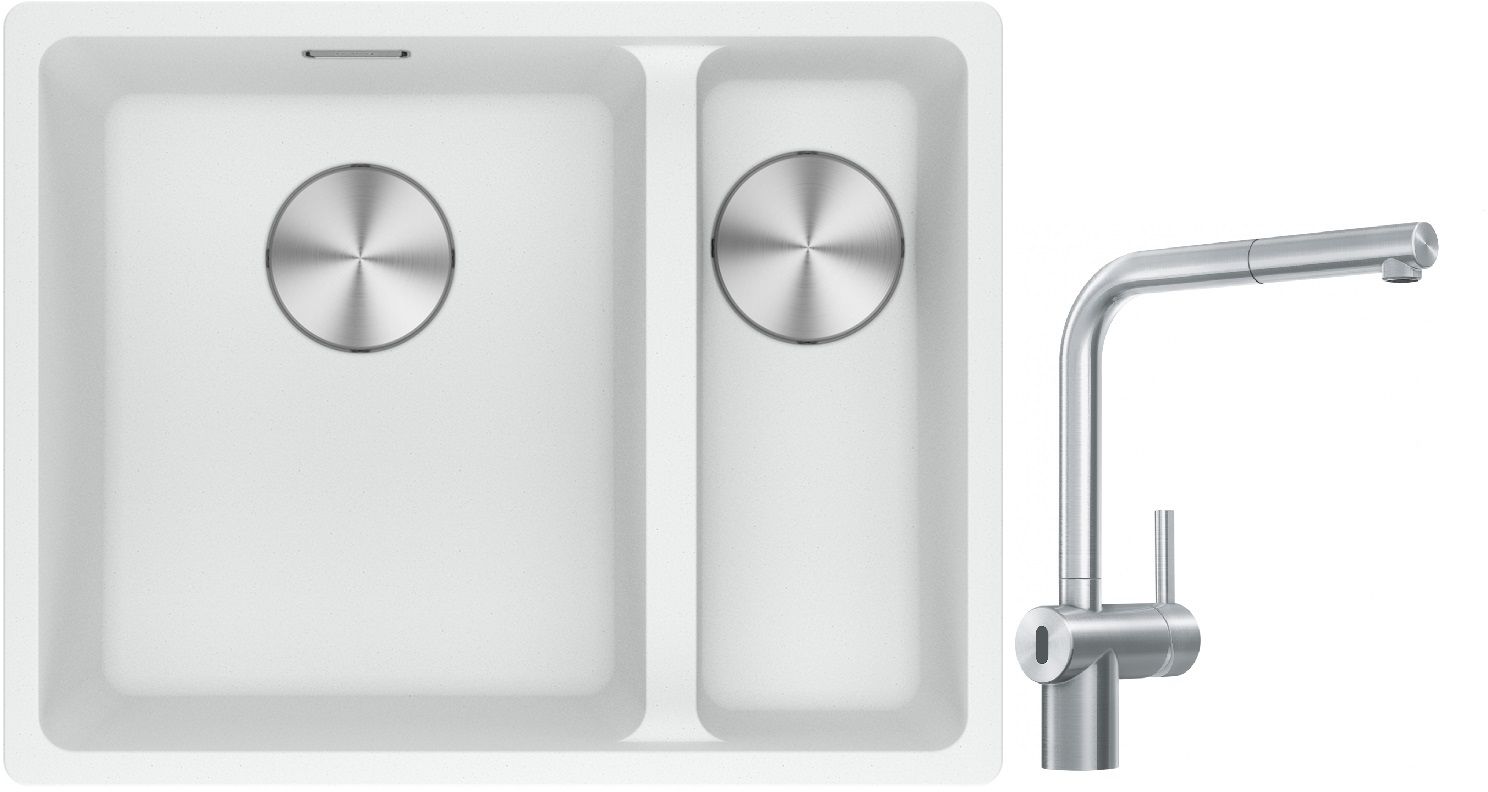 Franke Maris MRG 160-34-15SBR zlewozmywak 52x40 cm Fragranite biały polarny z baterią kuchenną Atlas Neo Sensor stal szlachetna ...