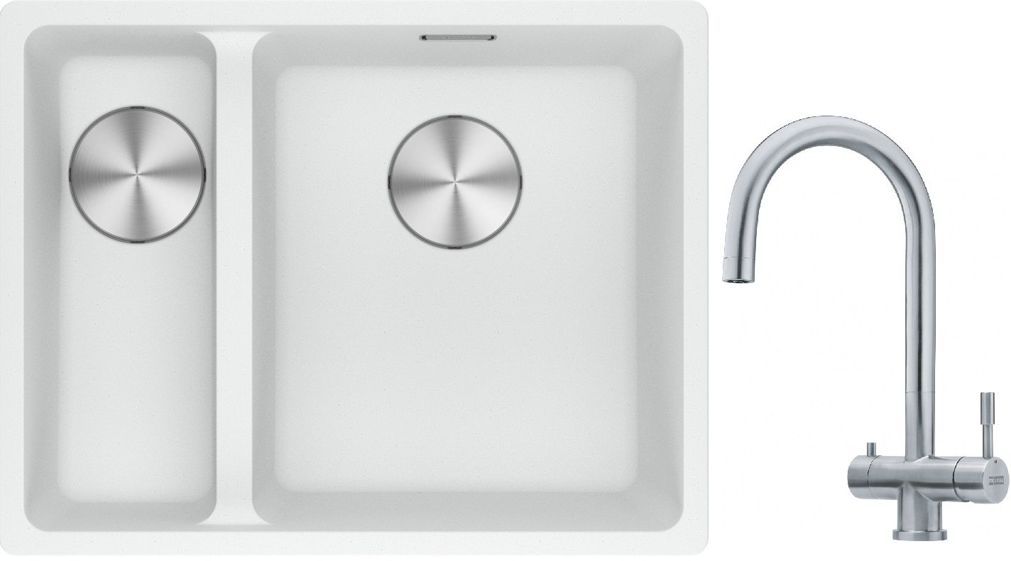 Franke Maris MRG 160-34-15SBL zlewozmywak 52x40 cm Fragranite biały polarny z baterią kuchenną Eos stal szlachetna (1250687271, ...