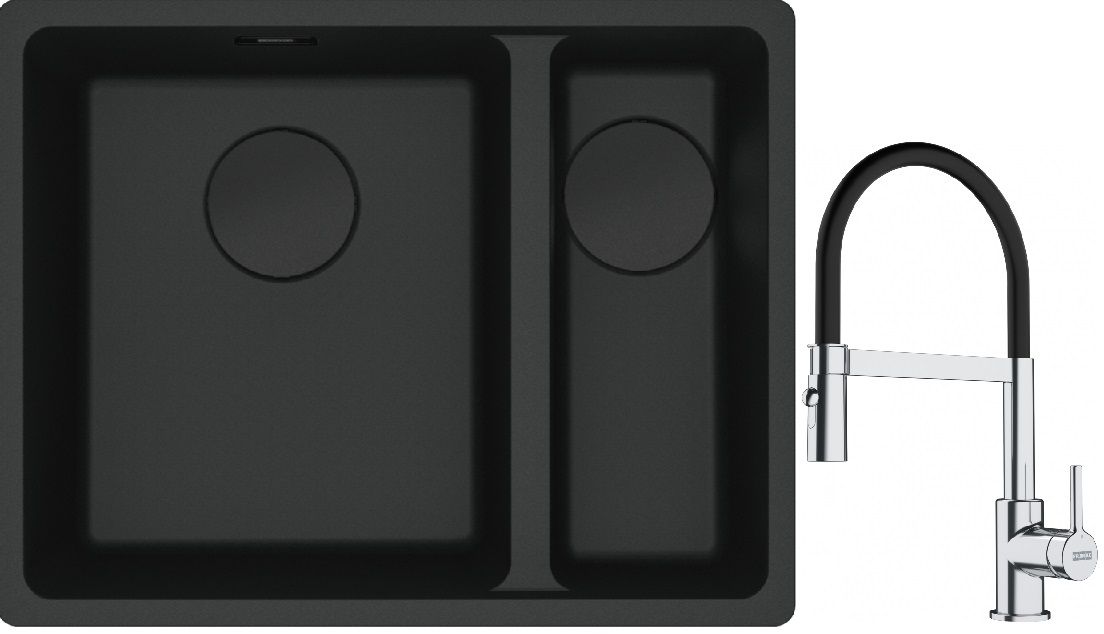 Franke Maris MRG 160-34-15SBR zlewozmywak 52x40 cm Fragranite czarny mat z baterią kuchenną Lina chrom/czarny (1250697755, 1150626085)