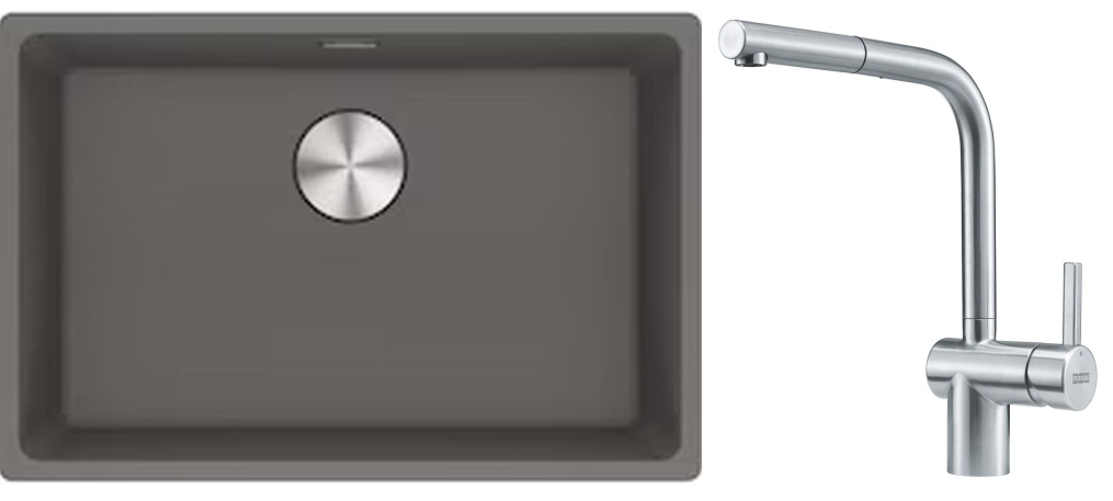 Franke Maris MRG 110-62 zlewozmywak 62x40 cm Fragranite kamienny szary z baterią kuchenną Atlas stal szlachetna (1250687258, 1150521439)