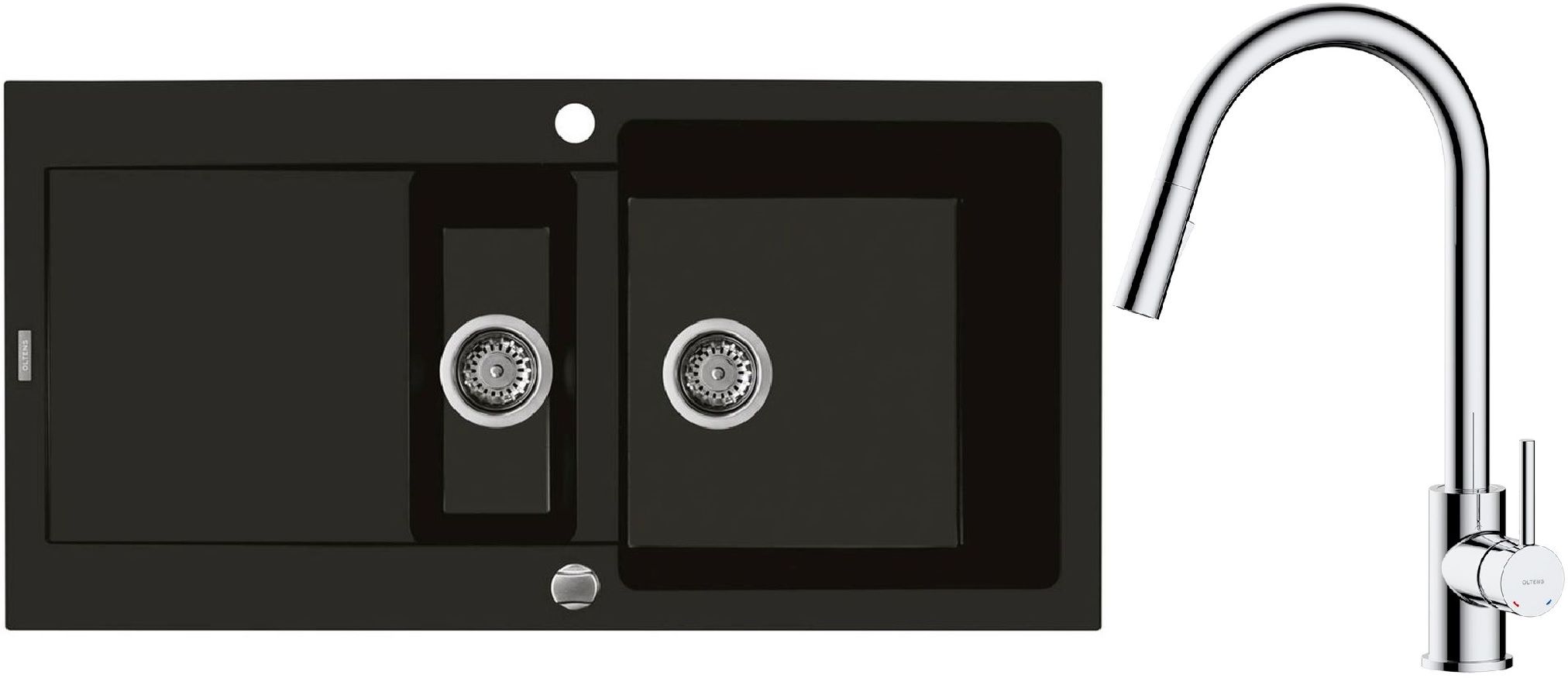 Zestaw Oltens Gravan zlewozmywak granitowy 1,5-komorowy 100x50 cm z baterią kuchenną Litla czarny mat/chrom (72300300, 35204100) - Wysyłka w 24h