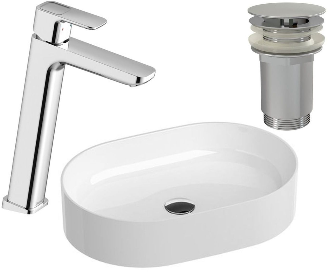 Zestaw Ravak Ceramic 550 SLIM O umywalka z baterią stojącą 10° korkiem chrom (XJX01155001, X01439, X070091)