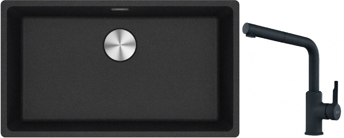 Franke Maris MRG 110-72 zlewozmywak 72x40 cm Fragranite onyx z baterią kuchenną Urban czarny mat (1250687261, 1150627523)