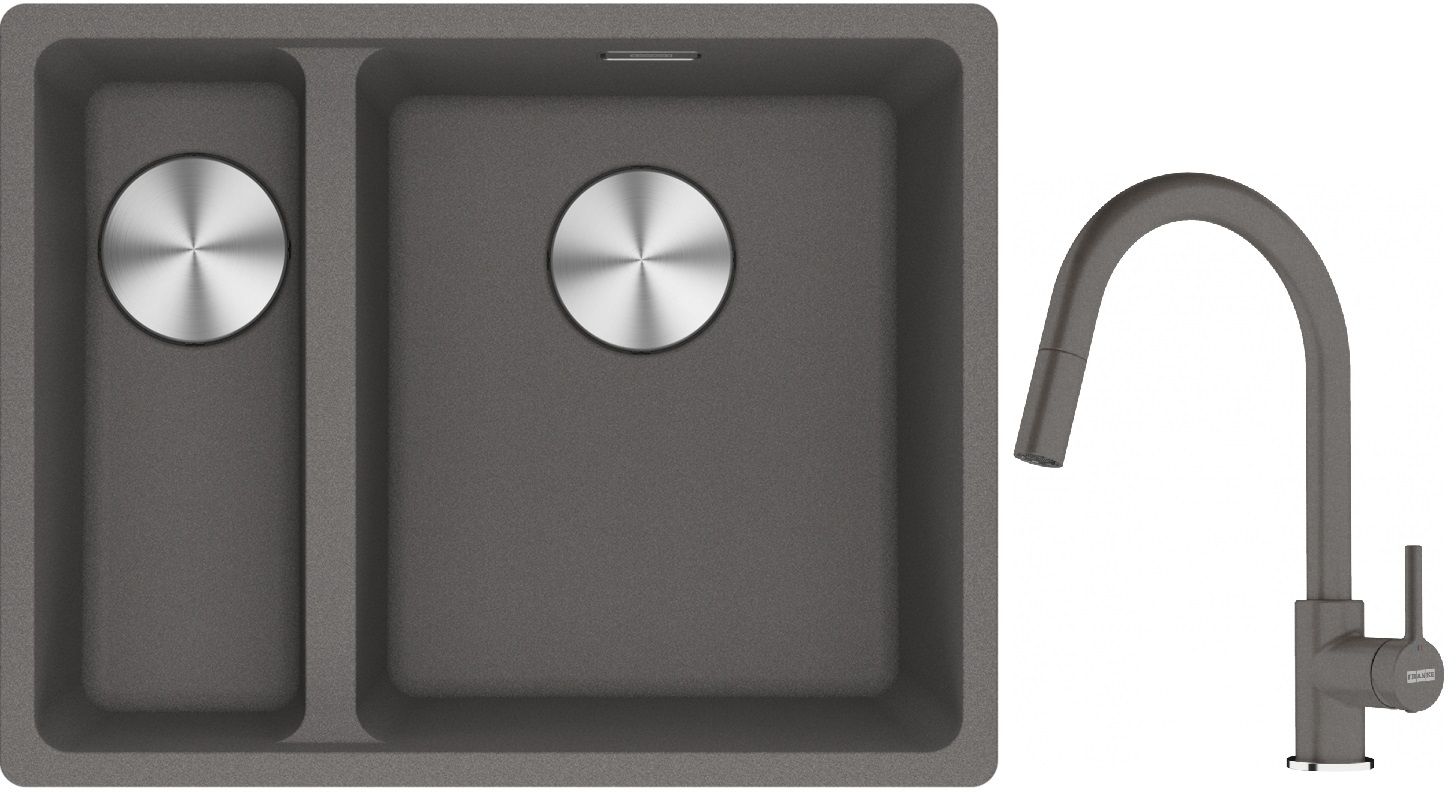 Franke Maris MRG 160-34-15SBL zlewozmywak 52x40 cm Fragranite kamienny szary z baterią kuchenną Lina kamienny szary (1250687270, ...