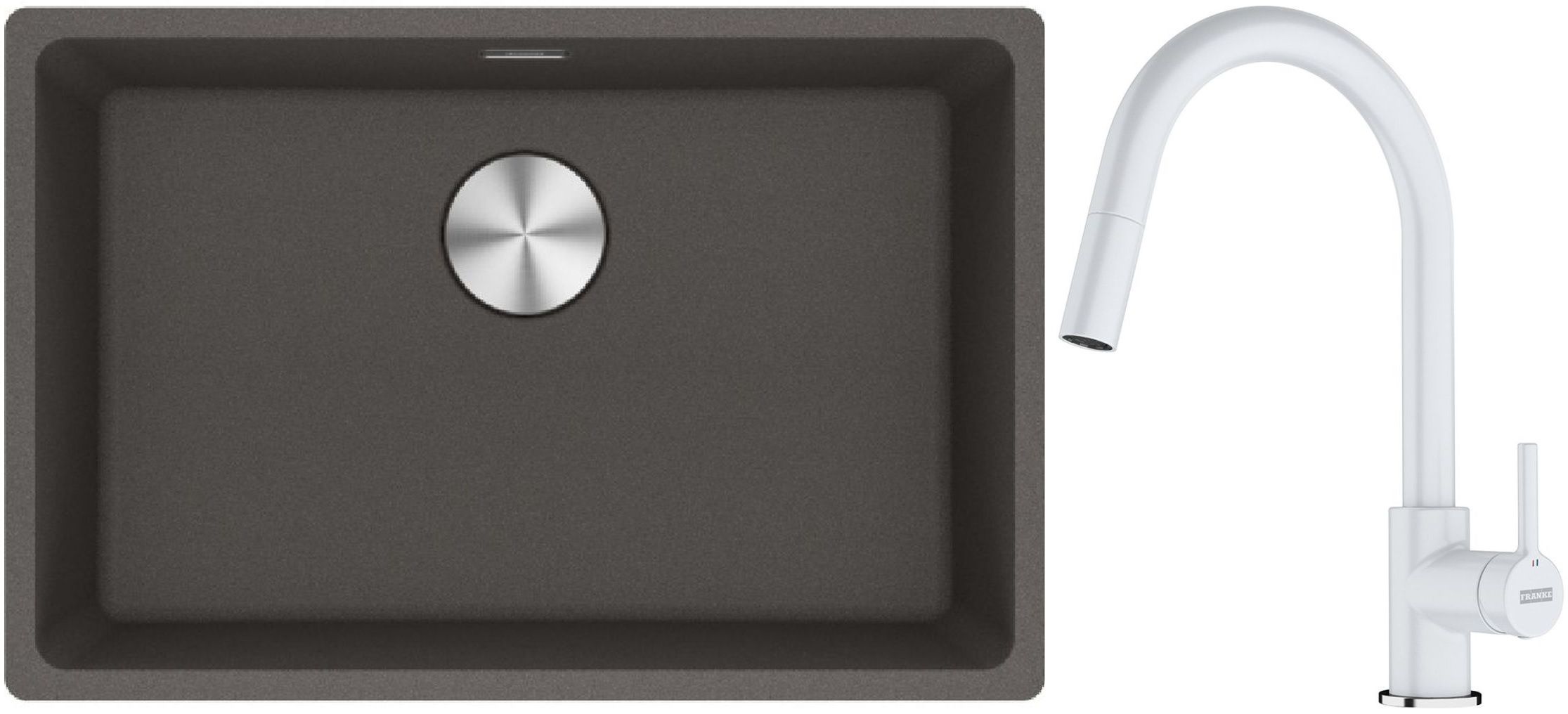 Franke Maris zlewozmywak granitowy 65,3x43,3 cm łupkowy szary z baterią kuchenną Lina biały polarny (1250716376, 1150626081)