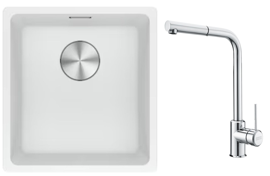 Franke Maris MRG 110-37 zlewozmywak 40x37 cm Fragranite biały polarny z baterią kuchenną Sirius Side chrom (1250687251, 1150668280)