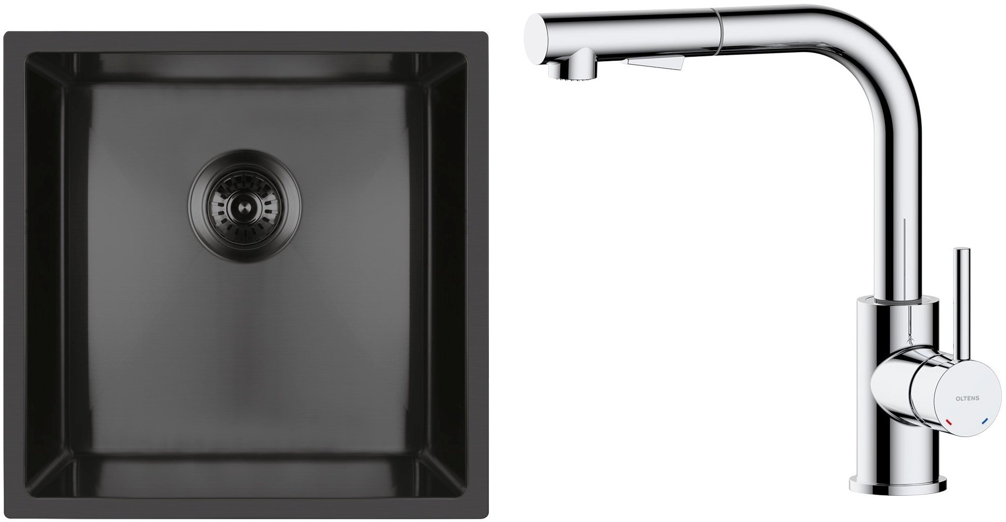 Zestaw Oltens Stalvask zlewozmywak stalowy 44x44 cm z baterią kuchenną Myvat czarny/chrom (71100300, 35205100) - Wysyłka w 24h