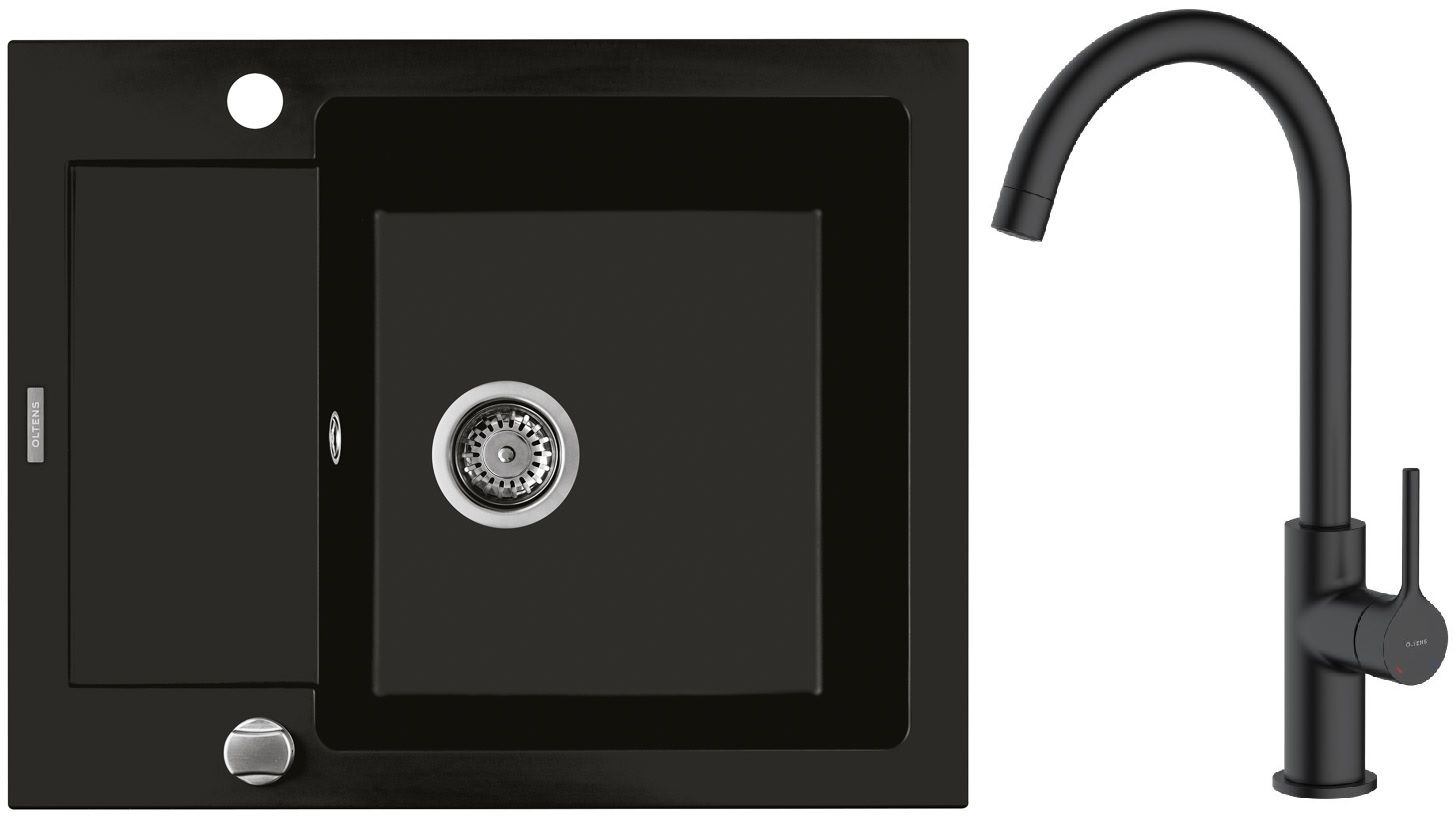 Zestaw Oltens Gravan zlewozmywak granitowy 1-komorowy 62x50 cm z baterią kuchenną Skafta czarny mat (72102300, 35206300) - Wysyłka w 24h
